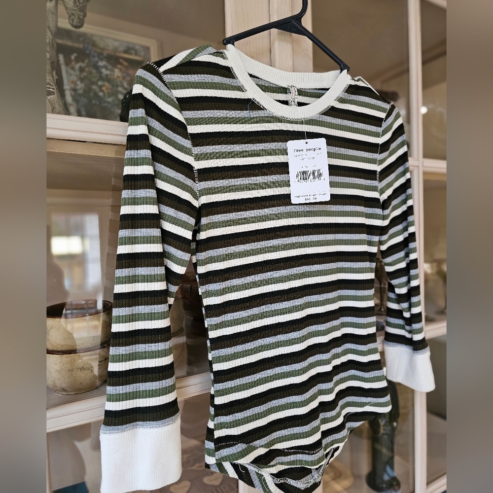 NWT Free People Good on You Army Green Stripe Round Hem Ribbed Tee Top - Picture 2 of 16